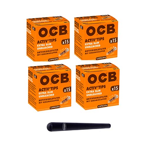kogu Set OCB Activ Tips Unbleached Extra Slim, 6 mm Aktivkohlefilter Filtertips - inkl. J-Hülle (4x15er) von kogu