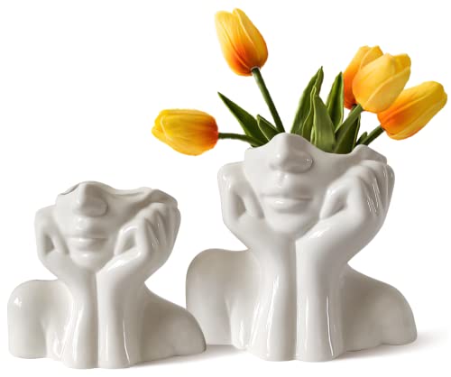 Gesichtsvasen für Blumen, niedliche Kopfvase, einzigartige weiße Keramik-Körpervase, weibliche Form, moderne Vasen für Zuhause, Wohnzimmer, Büro, Regal, Kaffee, Esstisch, Dekoration von kogxscej