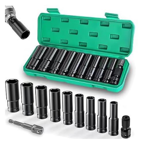 Steckschlüssel-Set aus hochfestem Stahl mit sicherem Lochdesign für die industrielle Wartung von Automobilen, 10–24 mm, Sechskant-Bit-Stecknuss-Adapter-Bohrer-Set, 11 Stück von kokdid