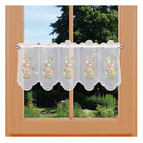 Bestickte Scheibengardine Weidenkätzchen mit Biene Vogtländische Spitze | Stickerei-Bistrogardine für Frühling und Sommer | fröhliche Fensterdeko mit Blüten-Stickerei | Höhe x Breite 30 x 160 cm von kollektion MT