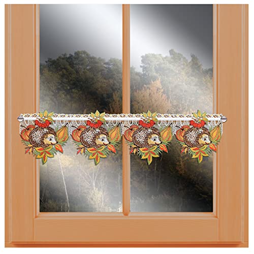 kollektion MT Feenhaus-Scheibengardine Igel mit Herbstlaub Vogtländischer Spitze Stangendeko für den Herbst 17 x 80 cm von kollektion MT