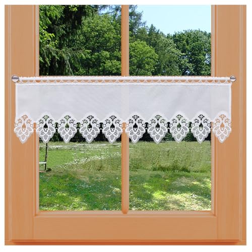 Feenhaus-Scheibengardine Jette Vogtländische Spitze - Landhaus-Kurzstore mit Ornament-Stickerei | klassisch-modernes Panneaux weiß | edler Scheibenhänger handgefertigt | Höhe x Breite 26 x 67 cm von kollektion MT