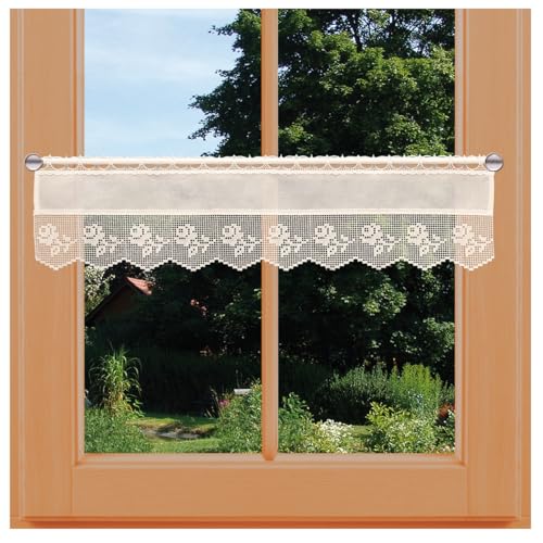 Feenhaus-Scheibengardine Lina Rose Vogtländische Spitze im Landhausstil | Bildschöner Scheibenhänger Blumen in Häkeloptik in natur | Rustikale Spitzengardine im Filethäkel-Stil | HxB 20 x 67 cm von kollektion MT