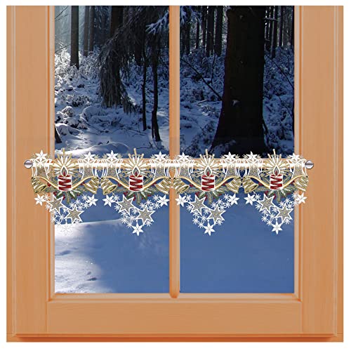 Feenhaus-Scheibengardine Weihnachtslicht mit Adventskerze Plauener Spitze Winterdeko 20 x 48 cm von kollektion MT