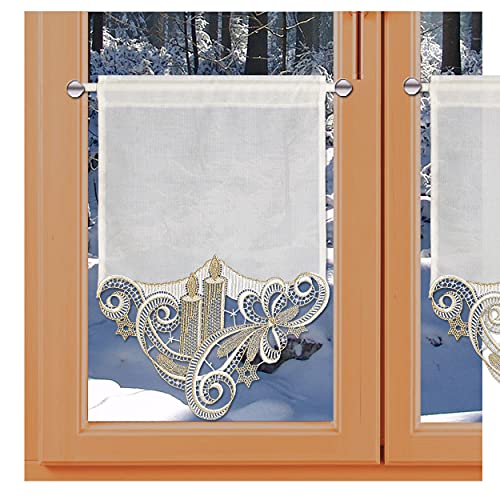 Feenhaus-Scheibenhänger Winter Goldkerzengesteck in weiß und Gold aus Vogtländischer Spitze Breite 27 cm von kollektion MT