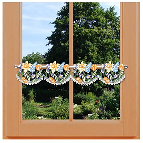 Scheibengardine bunte Frühlingswiese Vogtländische Spitze | Feenhaus-Spitzengardine mit Frühblühern | Stickerei-Stangendeko Blumen Frühlings- und Osterdeko | Kleinfenstergardine HxB 16 x 80 cm von kollektion MT
