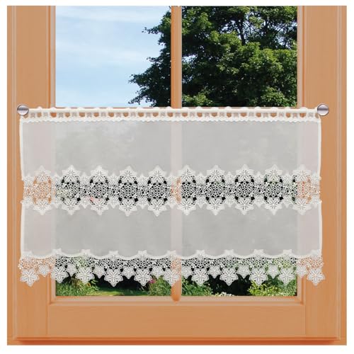 Feenhaus-Spitzengardine Jolanda Vogtländische Spitze in Natur | Landhaus-Scheibengardine mit Blumen-Muster | klassischer Scheibenhänger handgefertigt | Bistrogardine Höhe x Breite 50 x 67 cm von kollektion MT