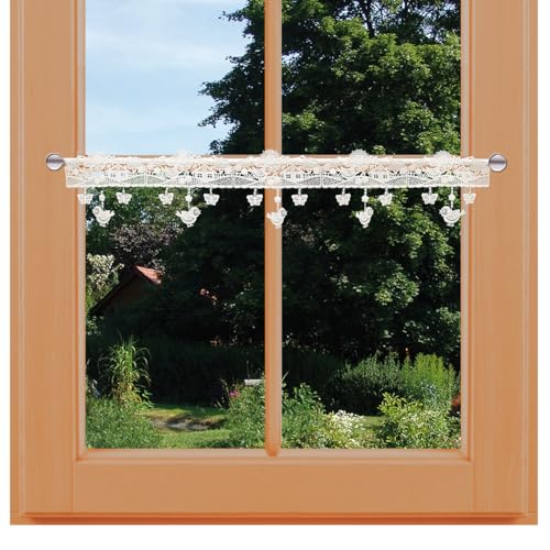 Feenhaus Spitzengardine Sommerlandschaft Vogtländische Spitze Schmetterling, Küken, Blüten | wunderschöne Scheibengardine Landhaus in Natur | Fensterdeko Ostern, Frühling, Sommer | HxB 14 x 64 cm von kollektion MT