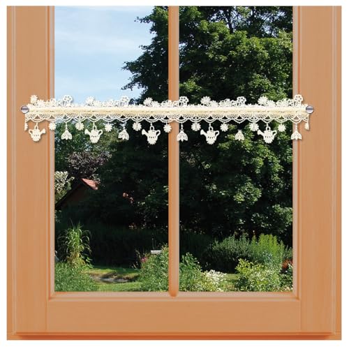 Feenhaus Spitzengardine Sommerwiese aus Vogtländischer Stickerei Marienkäfer und Blüten | wunderschöne Scheibengardine Wildblumenwiese in Natur | Fensterdeko für Frühling und Sommer | HxB 14 x 80 cm von kollektion MT