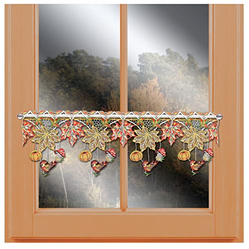 kollektion MT Feenhaus-Spitzengardine raschelndes Herbstlaub mit Vögelchen Vogtländischer Spitze Scheibengardine für den Herbst 21 x 48 cm von kollektion MT