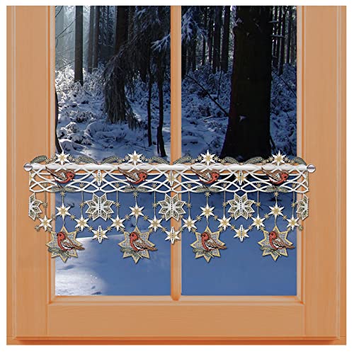 Feenhaus-Spitzenkante Rotkehlchen mit Schneesternen Plauener Spitze Scheibengardine Winterdeko 25 x 80 cm von kollektion MT