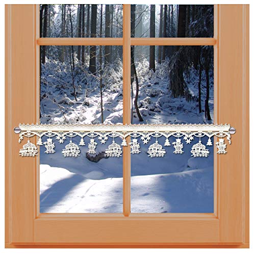 Feenhaus-Spitzenkante Winterzauber 11cm Natur aus echter Plauener Spitze mit Wintermotiven Schneemann Lokomotive Sterne von kollektion MT