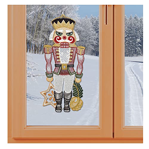 Fensterbild Advent-Weihnachten Nussknacker in rot aus Vogtländischer Spitze mit goldenen Details, inklusive Saughaken von kollektion MT