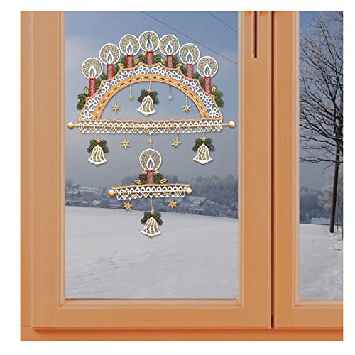 Fensterbild Lichterbogen - Windspiel aus Vogtländischer Spitze | Deko Advent mit Sternen, Kerzen und Glocken | Spitzenbild Höhe x Breite 35 x 24 cm | Geschenkidee Weihnachten inkl. Saughaken von kollektion MT