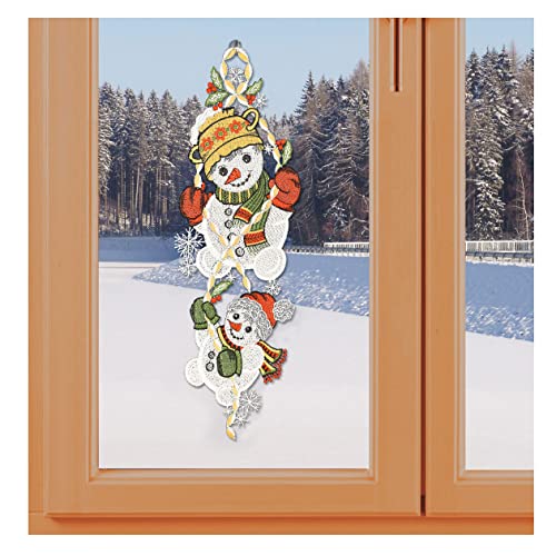 Fensterbild Zwei lustige Schneemänner Girlande aus Vogtländischer Spitze | Verspielte Winterdeko für Wohnraum und Kinderzimmer | Niedliches Spitzenbild Schneemannkinder | Höhe x Breite 44 x 16 cm von kollektion MT