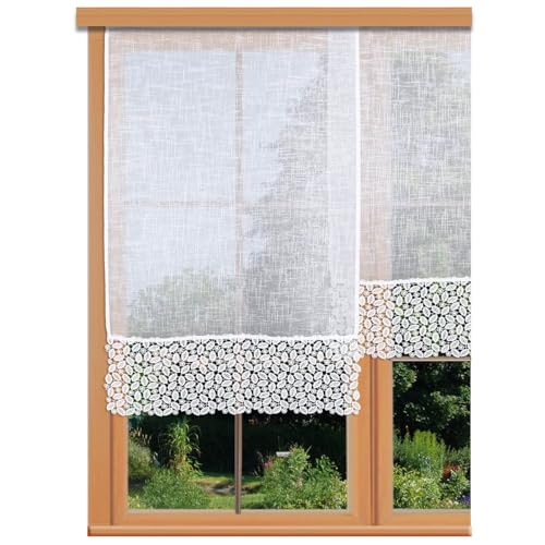 Flächenvorhang Carmelita mit Vogtländischer Spitze weiß | Landhaus-Flächengardine in Käseleinenoptik | Schiebepaneele mit moderner Stickerei handgefertigt | Schiebegardine Höhe x Breite 140 x 57 cm von kollektion MT