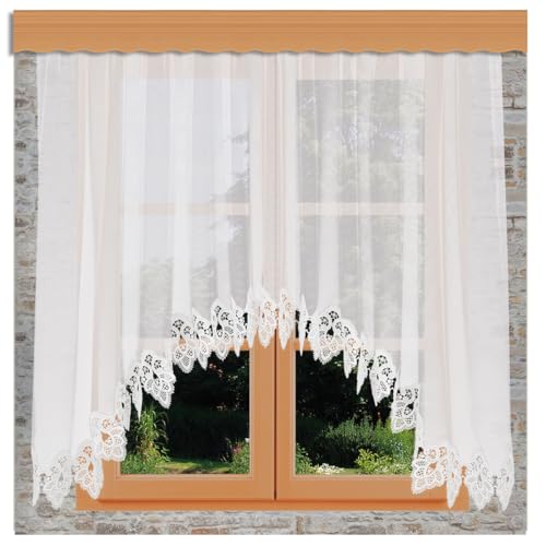 Gardinen-Store Jette Vogtländische Spitze | handgefertigter Blumenfenster-Store klassisch mit Reihband | lichtdurchlässiger Fenster-Vorhang mit Ornament-Stickerei weiß | C-Bogenstore HxB 80 x 200cm von kollektion MT