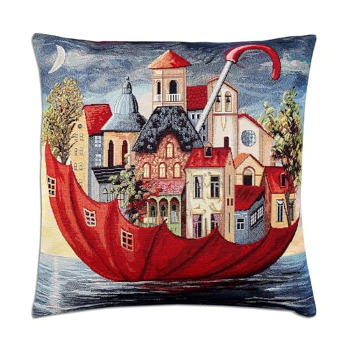 Gobelin-Kissenhülle Zuhause im Andersweltdorf 45 x 45 cm Zierkissen Retro-Optik Kissenbezug kunstvolles Dorf im Regenschirm Art déco bunt - Kissen mit Reißverschluss auf Wunsch mit Feder-Dauneninlett von kollektion MT