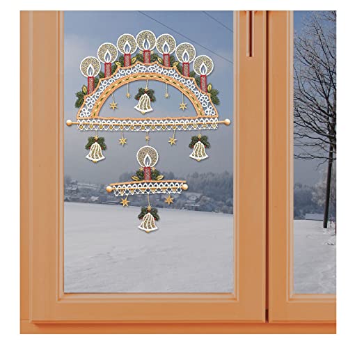 Hochwertiges Winter-Weihnachts-Fensterbild Lichterbogen Windspiel Weihnachtsdeko mit Kerzen Plauener Spitze inkl. Saughaken von kollektion MT