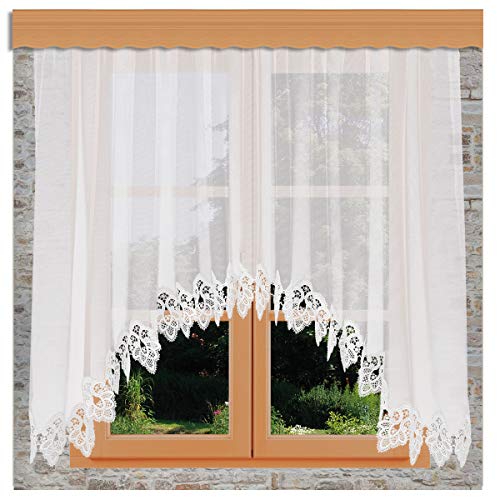 Hübscher Blumenfenster-Store Jette weiß mit 12 cm breitem Spitzenabschluss aus Echter Plauener Spitze mit Reihband Fertiggardine von kollektion MT