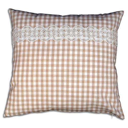 Kissenbezug Hannah mit Vogtländischer Spitze – hochwertige Baumwollkissen | weiche Landhaus-Kissenhülle beige-weiß kariert | rustikale Zierkissen quadratisch mit Reißverschluss 50 x 50 cm von kollektion MT