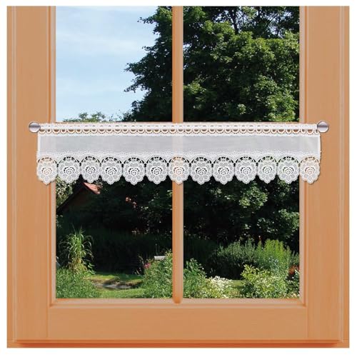 Klassische Spitzengardine Ivy mit Rosen Scheibengardine mit Vogtländischer Spitze in weiß | Landhaus-Gardine mit Stickereikante | zeitlose Spitzengardine mit gestickten Blumen | HxB 20 x 80 cm von kollektion MT