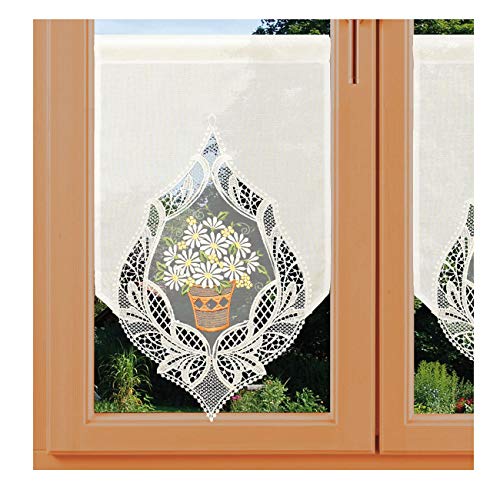 kollektion MT Landhausgardine Scheibenhänger Margerite Natur Vogtländischer Spitze mit Besticktem Organza-Einsatz weiß-gelb 60 x 30 cm von kollektion MT
