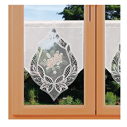 kollektion MT Landhausgardine Scheibenhänger Rose Natur Vogtländischer Spitze mit Besticktem Organza-Einsatz Lachs-Grün 50 x 30 cm von kollektion MT