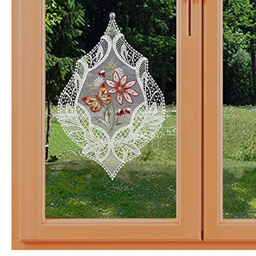 Organza Fensterbild mit Blütenmotiv und Schmetterling in rot und Plauener Spitze von kollektion MT