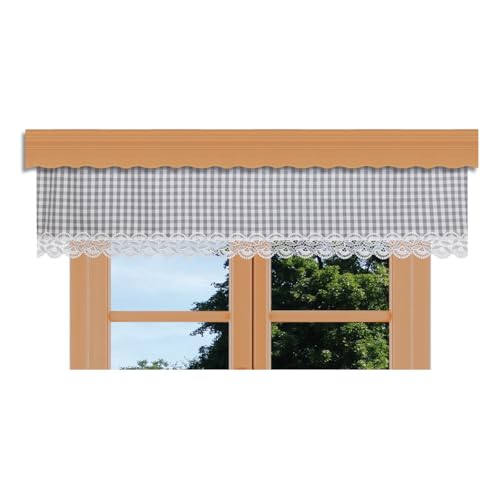 kollektion MT Querbehang Hannah mit Vogtländischer Spitze – hochwertige Landhaus-Gardine grau-weiß kariert | rustikaler Baumwollstoff Blickdicht | Volant mit Reihband Höhe x Breite 30 x 280 cm von kollektion MT