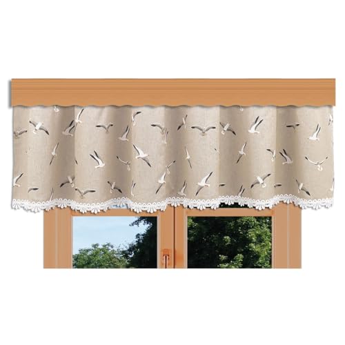 kollektion MT Querbehang Ilma Möwe mit Vogtländischer Spitze – hochwertige Landhaus-Gardine in Natur | maritimer Baumwollstoff Blickdicht | Volant mit Reihband Höhe x Breite 30 x 300 cm von kollektion MT