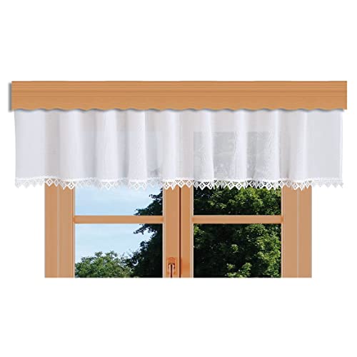 kollektion MT Querbehang Lavina Vogtländische Spitze mit geometrischem Muster in weiß | hochwertiger Dekobehang mit moderner Stickerei-Kante | Zeitloser Volant handgefertigt Höhe x Breite 30 x 800 cm von kollektion MT