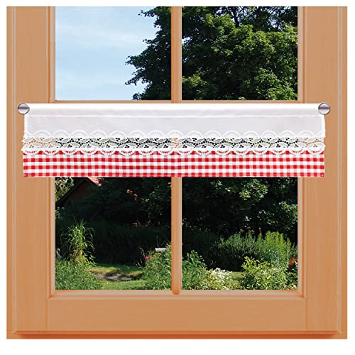 kollektion MT Scheibengardine Hannah in rot-weiß kariert mit Spitzenbesatz Feenhausgardine aus Plauener Spitze 20 x 67 cm von kollektion MT