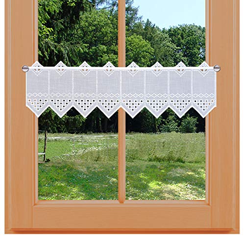 Scheibengardine Kurzgardine Kayla Feenhausgardine Plauener Spitze weiß mit Lochstickerei auf leichtem Batist mit Käseleinen-Struktur 20 x 80 cm von kollektion MT