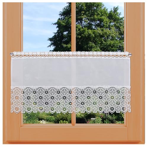 Scheibengardine Marsilia Vogtländische Spitze weiß | Scheibenhänger modern mit Kleeblättern | Landhausgardine mit Blumenmuster | handgefertigter Sockelstore mit Stickerei | Höhe x Breite 40 x 80 cm von kollektion MT