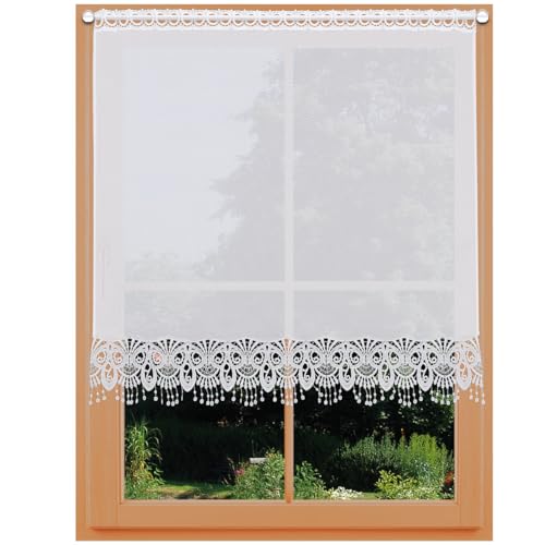 Scheibengardine Nala mit Perlenschnur-Fransen Scheibenhänger aus Vogtländischer Spitze weiß | Kurzstore mit modernem geometrischen Muster | Kurzgardine klassisch-zeitlos | Höhe x Breite 80 x 128 cm von kollektion MT