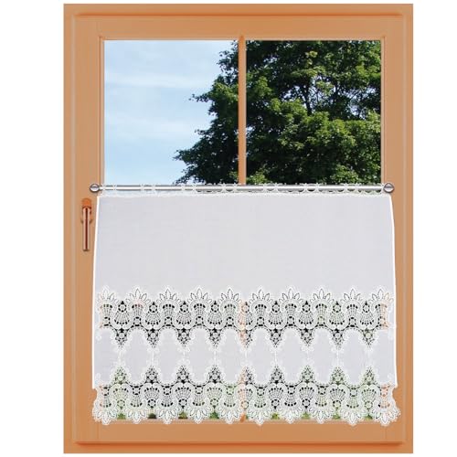 Spitzen-Feenhausgardine Safira Vogtländische Spitze weiß | Scheibengardine in Handarbeit verarbeitet | Scheibenhänger klassisch mit stilisierten Blüten | wunderschöne Landhausgardine HxB 61 x 80 cm von kollektion MT