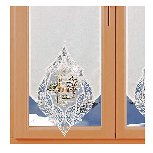 Scheibengardinen von kollektion.MT Landhausgardine Winter-Scheibenhänger Winterdorf Natur Vogtländischer Spitze mit Besticktem Organza-Einsatz in 3 Höhen von kollektion MT