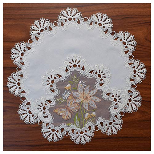 Spitzendeckchen Magda mit besticktem Schmetterlings-Einsatz in lachs orange aus Organza und echter Vogtländischer Spitze rund Spitzendeckchen Magda mit besticktem Schmetterlings-Einsatz in lachs orange aus Organza und echter Vogtländischer Spitze rund von kollektion MT