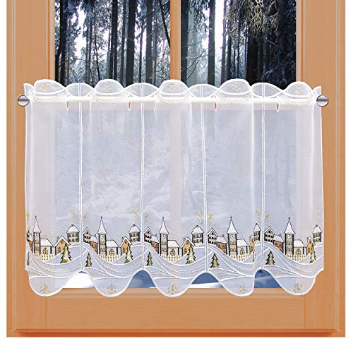 Winter-Scheibengardine Winterzauber verschneites Dorf mit Kirche aus echter Plauener Spitze Adventsdeko in weiß-braun 41 x 96 cm von kollektion MT