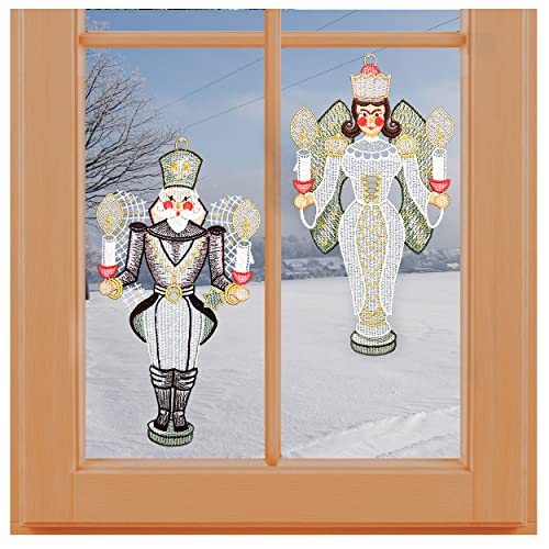 kollektion MT 2er Set Fensterbilder Bergmann & Engel Erzgebirgsweihnacht Vogtländischer Spitze mit goldenen Details, inklusive Saughaken von kollektion MT