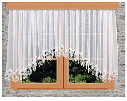 Edler Blumenfenster-Store Nastja weiß mit aufwändig eingearbeiteter 15cm breiter gebogter Fächerspitze aus Echter Plauener Spitze mit Reihband Fertiggardine von kollektion MT