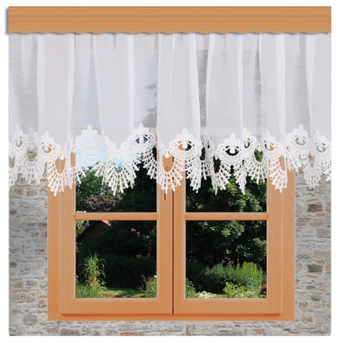 Edler Gardinen-Store Nastja Vogtländische Spitze | klassischer handgefertigter Sockelstore mit Reihband | lichtdurchlässiger Fenster-Vorhang mit Fächerspitze weiß | Stickerei-Gardine HxB 120 x 200 cm von kollektion MT