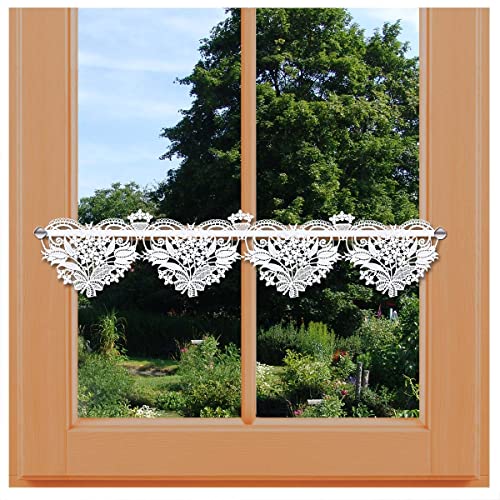 Feenhaus-Scheibengardine Lotta Blüten Vogtländische Spitze | Landhaus-Spitzengardine in weiß Herzform | romantisch-dezente Frühlings- und Sommerdeko | Kleinfenstergardine Blumenmuster HxB 16 x 32 cm von kollektion MT