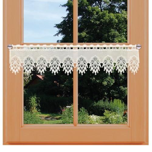 Klassische Scheibengardine Stina aus Vogtländischer Spitze | Feenhaus-Kurzgardine in Natur mit Spitzenabschluss | gemütlich-rustikaler Landhaus-Scheibenhänger mit Ornament-Muster | HxB 18 x 93 cm von kollektion MT