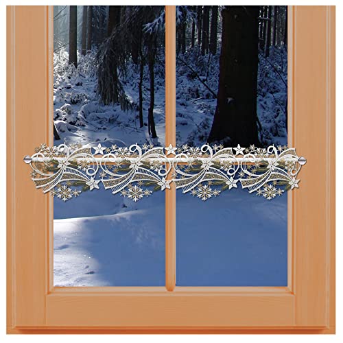 kollektion MT Feenhaus-Spitzengardine Flockenwirbel Vogtländischer Spitze Stangendeko Winter mit Sternen und Schneefloken 14 x 96 cm von kollektion MT