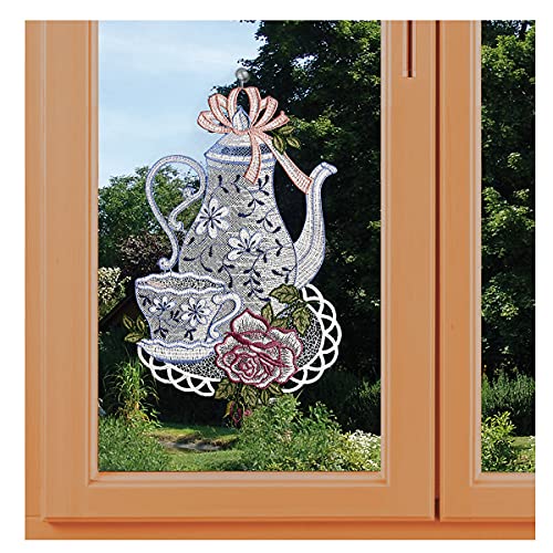 kollektion MT Fensterbild Kaffeeservice in blau aus Vogtländischer Spitze | Küchen-Dekoration mit Rose Höhe x Breite 32 x 21 cm| Klassisches Spitzenbild mit Blumenmuster Landhausstil inkl. Saughaken von kollektion MT