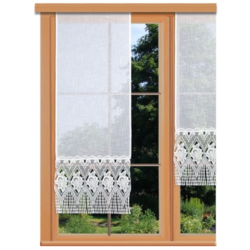 Flächengardine Johanna mit Echter Vogtländischer Spitze in weiß Landhaus-Schiebepaneele in Käseleinenoptik Flächenvorhang mit Perlenschnurfransen 140 x 40 cm Flächengardine Johanna mit Echter Vogtländischer Spitze in weiß Landhaus-Schiebepaneele in Käseleinenoptik Flächenvorhang mit Perlenschnurfransen 140 x 40 cm von kollektion MT