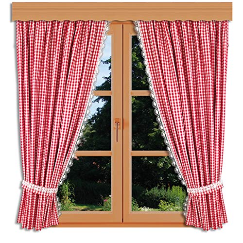 kollektion MT Hochwertiges Landhaus-Design rot-weiß kariert Set 2 Dekoschals inkl. Raffhalter Vorhangset Helena mit Echter Plauener Spitze 125 x 155 cm von kollektion MT