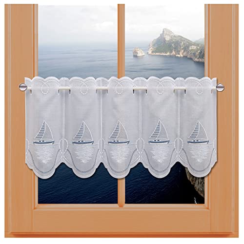 kollektion MT Maritime Scheibengardine Ostsee mit Segelboot Plauener Spitze bestickter Scheibenhänger mit Schiffen Badgardine 30 x 144 cm von kollektion MT